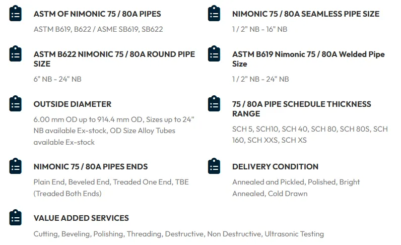 Specification Of Nimonic 75 / 80A Pipes Specification Of Nimonic 75 / 80A Pipes